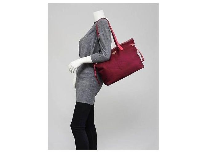 Borsa tote in nylon e pelle Saffiano rosa PRADA - vista 12