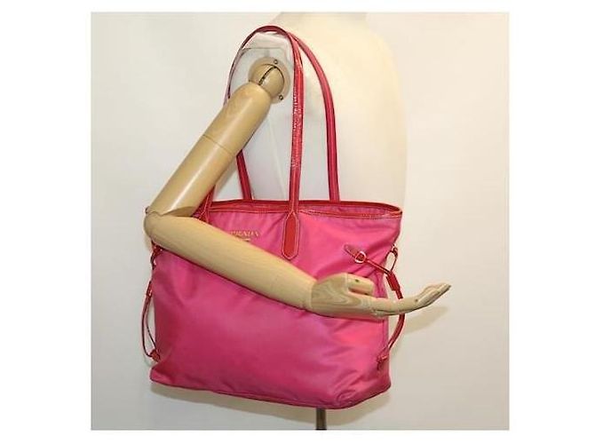 Bolsa tote de nylon e couro PRADA rosa - vista 14