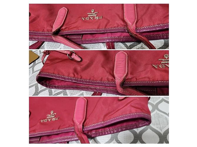 Bolsa tote de nylon e couro PRADA rosa - vista 9