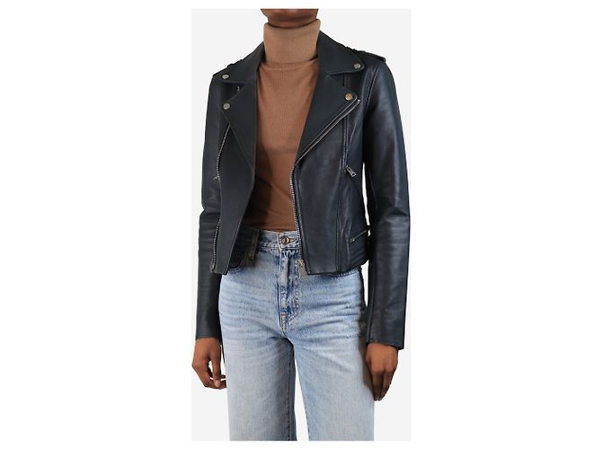 Maje Navy Leder Bikerjacke - Größe UK 10 Marineblau - Ansicht 3