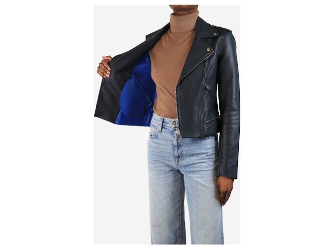 Maje Navy Leder Bikerjacke - Größe UK 10 Marineblau - Ansicht 4