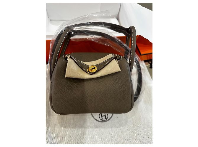 Hermès Mini Lindy II Pelle Taupe Oro Beige - vista 6