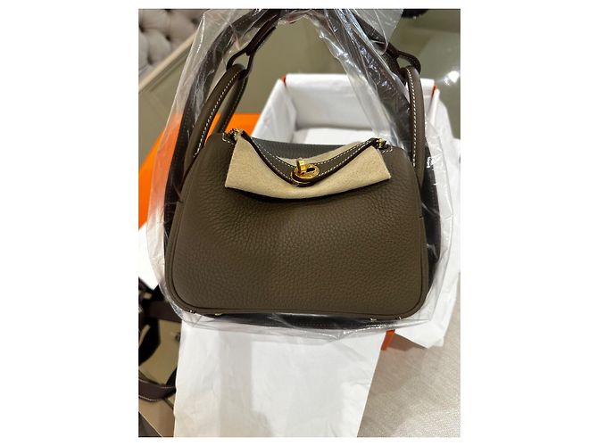 Hermès Mini Lindy II Pelle Taupe Oro Beige - vista 8