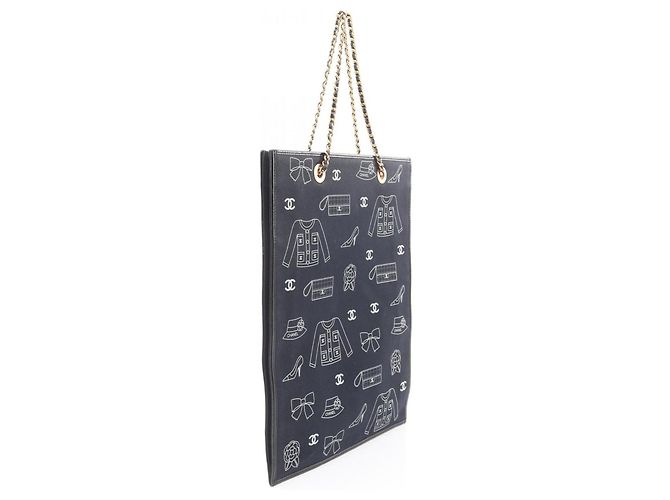Bolsa Tote CHANEL Icon Preta Azul Marinho Branca Couro Lona Preto Branco - vista 2