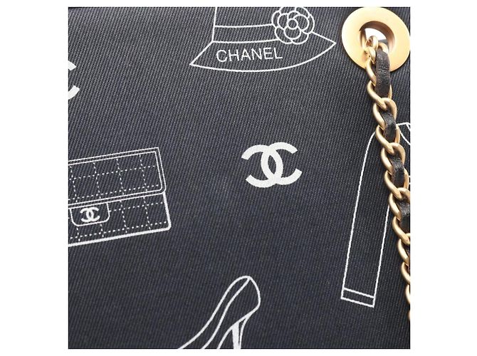 Bolsa Tote CHANEL Icon Preta Azul Marinho Branca Couro Lona Preto Branco - vista 6