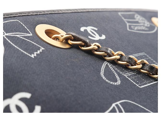Bolsa Tote CHANEL Icon Preta Azul Marinho Branca Couro Lona Preto Branco - vista 8