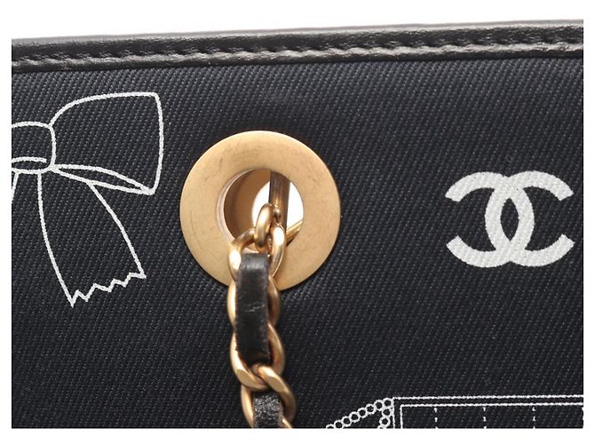 Bolsa Tote CHANEL Icon Preta Azul Marinho Branca Couro Lona Preto Branco - vista 9