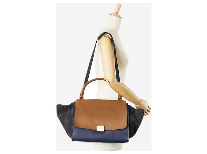 Céline Borsa 2 in 1 in pelle e suede blu navy e beige Trapeze - vista 2