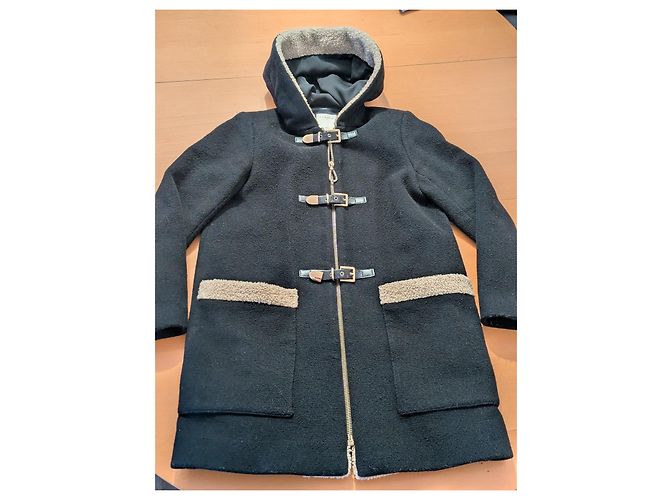 Abrigo Duffle Sandro Negro de Lana y Shearling - vista 2