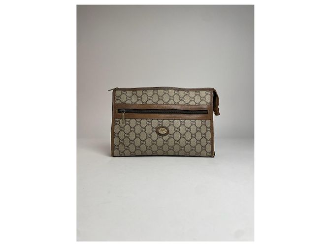 Clutch in pelle monogramma Gucci vintage grigio marrone - vista 8
