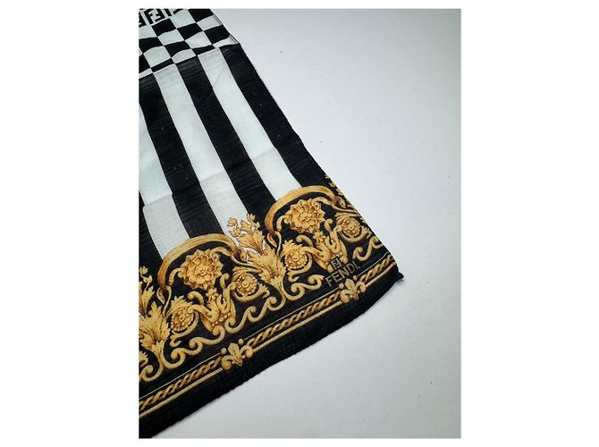 Vintage Fendi Abstrakter Schal Schwarz Weiß Gold - Ansicht 2