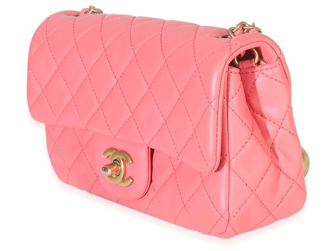 Timeless Bolsa retangular mini de couro de cordeiro matelassado rosa Chanel com pérolas Crush - vista 3