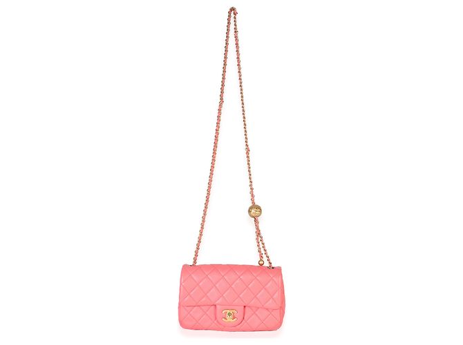 Timeless Bolsa retangular mini de couro de cordeiro matelassado rosa Chanel com pérolas Crush - vista 5