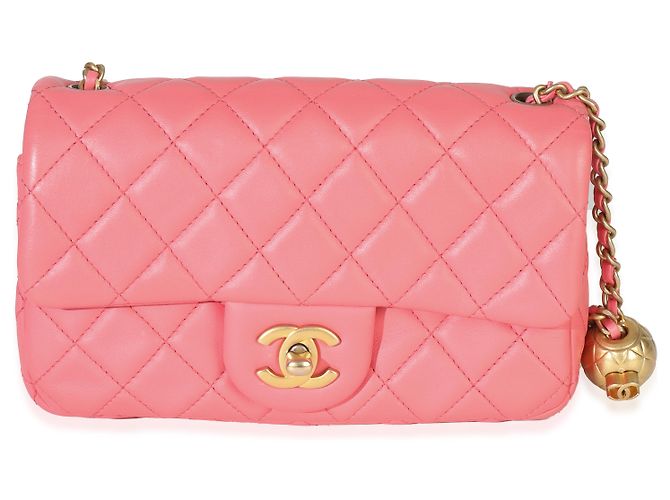 Timeless Bolsa retangular mini de couro de cordeiro matelassado rosa Chanel com pérolas Crush - vista 8