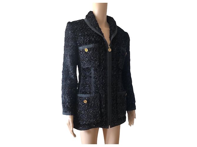 Chaqueta Chanel de lurex negro con botones de logo CC - vista 2