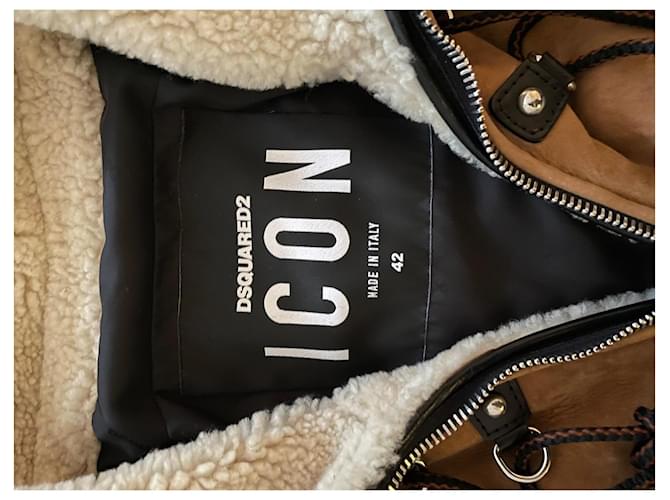 DSQUARED2 ICON Lederjacke mit Fell Braun Schwarz Beige Kamel - Ansicht 3