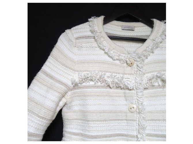 Autre Marque Chaqueta sin cuello de punto de tweed con flecos Maison Ullens Beige Crudo - vista 3