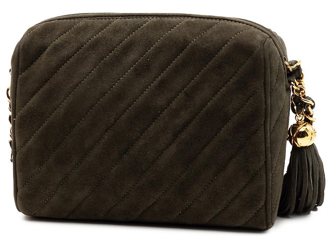 Camera Bolsa de câmera em camurça matelassada diagonal verde CC da Chanel com tassel de diamante Verde oliva - vista 2