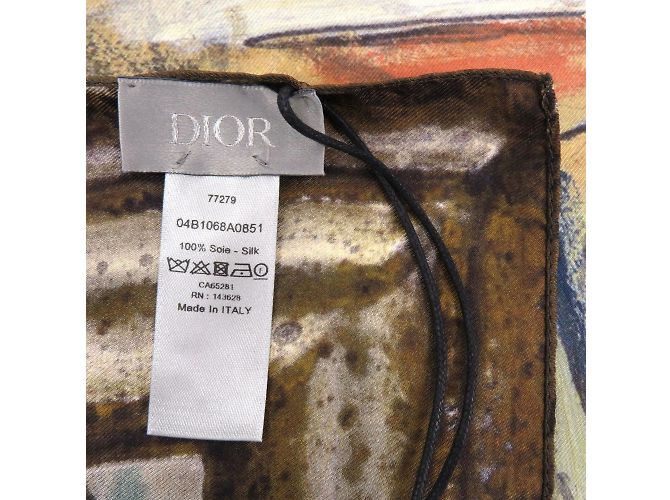 Foulard in seta Christian Dior Marrone Multicolore Verde Giallo - vista 3