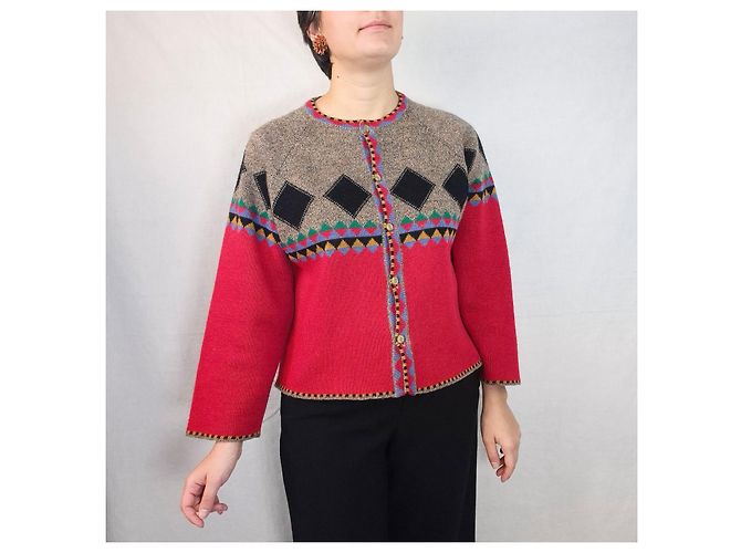 Kenzo Jungle Vintage Pullover der 1980er Jahre Rot Mehrfarben - Ansicht 7