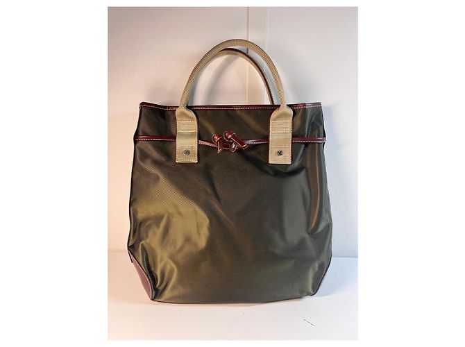 Borsa Tote Lancel in Tela Khaki e Pelle Bordeaux Marrone Verde - vista 2