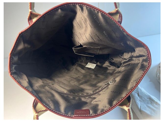 Borsa Tote Lancel in Tela Khaki e Pelle Bordeaux Marrone Verde - vista 8