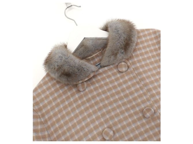 Prada Fall 2015 Checked Wool Coat With Fur Collar Beige - view 2