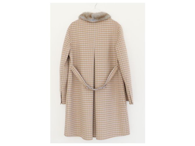 Prada Fall 2015 Checked Wool Coat With Fur Collar Beige - view 5