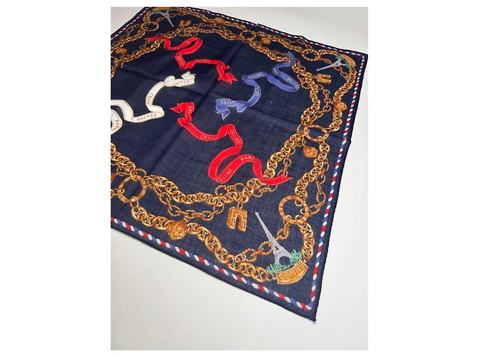 Céline Sciarpa Vintage Celine Paris Blu Navy Oro - vista 2