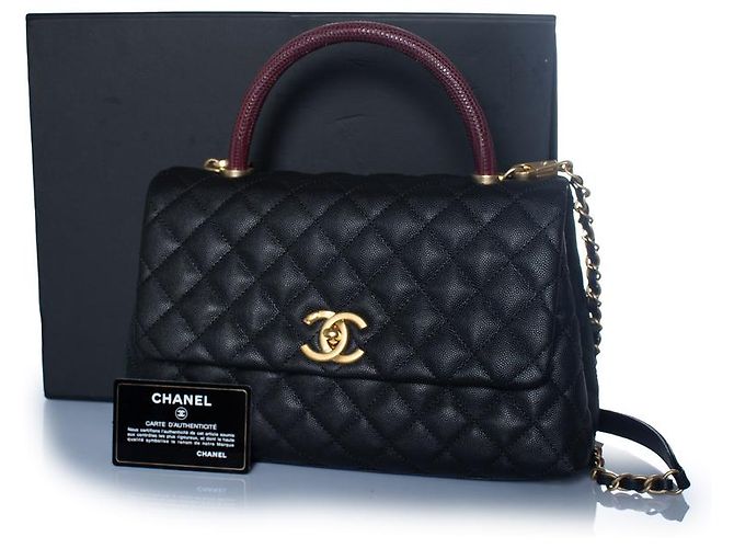 Chanel, borsa coco a manico superiore in pelle caviar nera Nero Rosso - vista 4