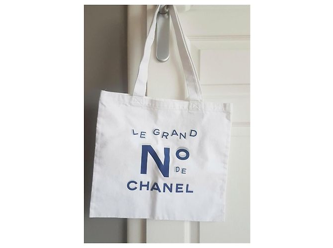 Borsa Tote Chanel Bianca e Blu in Cotone Bianco - vista 2