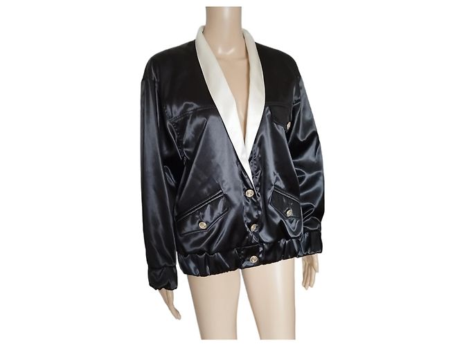 Chanel Black Satin Bomber Jacket with White Collar S/S 2021 - view 2