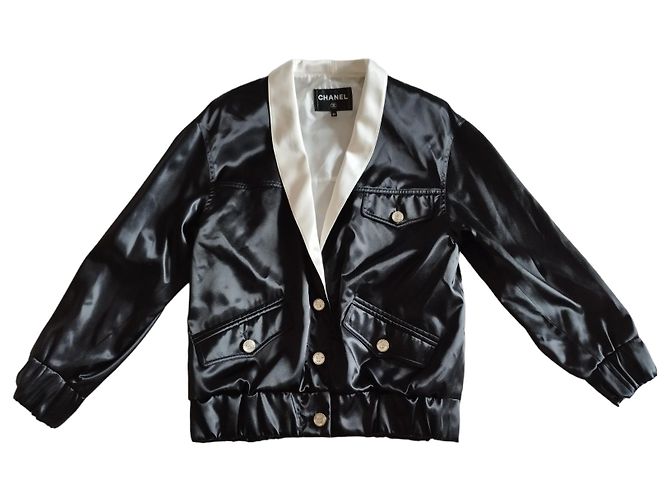 Chanel Black Satin Bomber Jacket with White Collar S/S 2021 - view 3