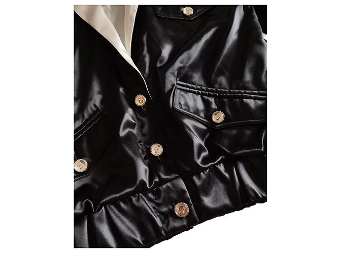Chanel Black Satin Bomber Jacket with White Collar S/S 2021 - view 4