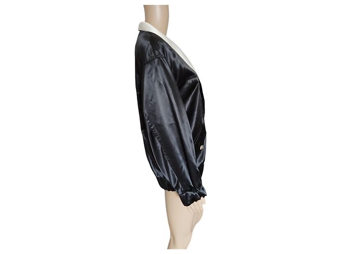Chanel Black Satin Bomber Jacket with White Collar S/S 2021 - view 5