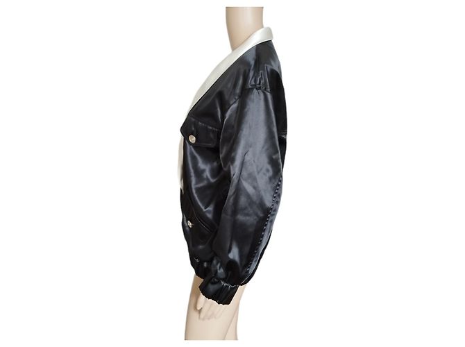 Chanel Black Satin Bomber Jacket with White Collar S/S 2021 - view 7