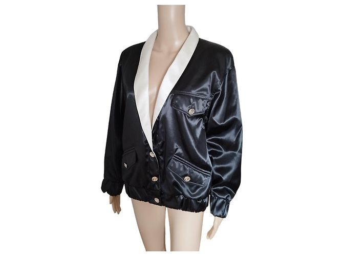 Chanel Black Satin Bomber Jacket with White Collar S/S 2021 - view 8