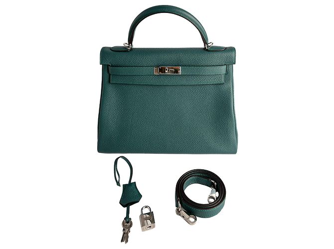 Hermès Kelly 32 Handtasche aus Taurillon Clemence Leder Malachit Grün - Ansicht 9