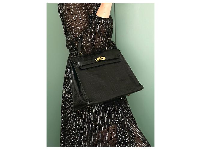 Magnifica borsa Kelly 32cm in pelle di coccodrillo nera di Hermès Nero - vista 5