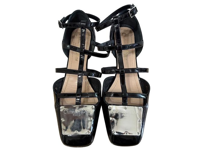 Sandalias de tacón bajo de piel patentada Christian Dior Negro - vista 3