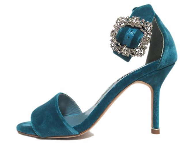 Manolo Blahnik Kristall Samt High Heel Sandalen Blau Türkis - Ansicht 2