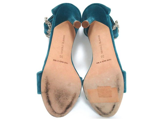 Manolo Blahnik Kristall Samt High Heel Sandalen Blau Türkis - Ansicht 9