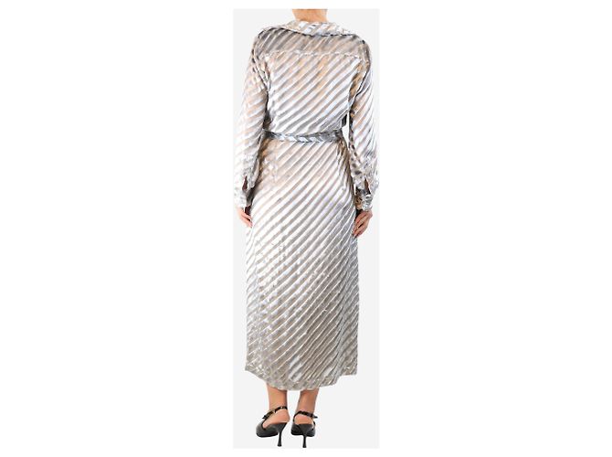 Dries Van Noten Silbernes Samt-Hemdkleid mit diagonalen Streifen - Größe UK 14 - Ansicht 2