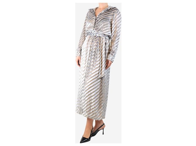 Dries Van Noten Silbernes Samt-Hemdkleid mit diagonalen Streifen - Größe UK 14 - Ansicht 3