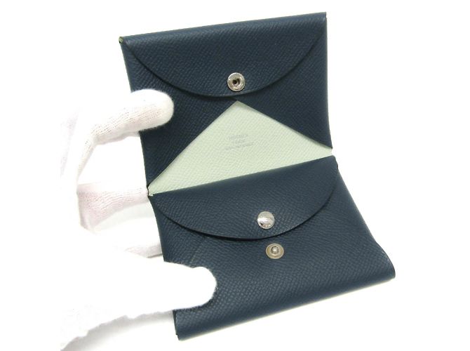 Tarjetero Hermès Calvi Duo Verso Azul marino Verde claro - vista 4