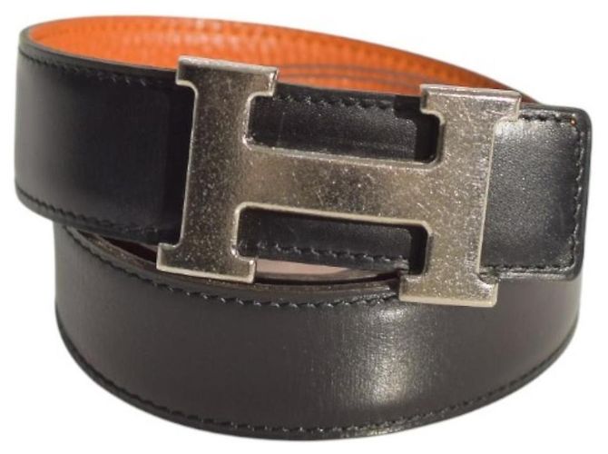 Hermès Wendegürtel H 32mm aus schwarzem und orangefarbenem Togo-Leder mit silberner Schnalle Größe 80 - Ansicht 2