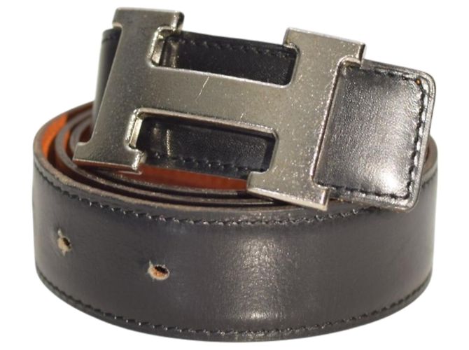Hermès Wendegürtel H 32mm aus schwarzem und orangefarbenem Togo-Leder mit silberner Schnalle Größe 80 - Ansicht 5
