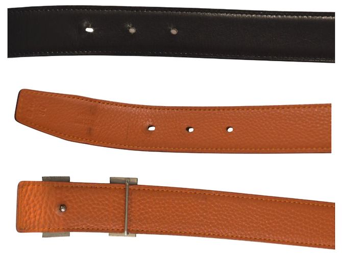 Hermès Wendegürtel H 32mm aus schwarzem und orangefarbenem Togo-Leder mit silberner Schnalle Größe 80 - Ansicht 6