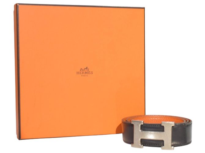 Hermès Wendegürtel H 32mm aus schwarzem und orangefarbenem Togo-Leder mit silberner Schnalle Größe 80 - Ansicht 7