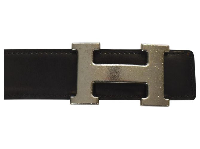 Hermès Wendegürtel H 32mm aus schwarzem und orangefarbenem Togo-Leder mit silberner Schnalle Größe 80 - Ansicht 9